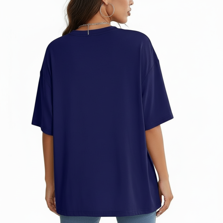 Woman wearing a breathable cotton oversized t-shirt with "Sunshine and Beach" yellow graphic print, available in navy blue, maroon, and red.