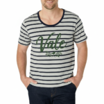Men's striped breathable cotton t-shirt featuring "Vale" graphic logo and laurel design, available in navy, brown, and red stripes.