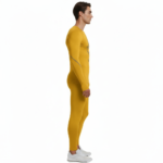 Front view of a man wearing VALE brand 2-piece compression suits in multiple colors including white, navy, orange, and yellow, featuring signature gold side-logos and central compass graphics on breathable cotton-blend fabric.