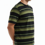 Close-up of a men's slim-fit 100% cotton striped t-shirt with variegated horizontal lines and a small chest logo.