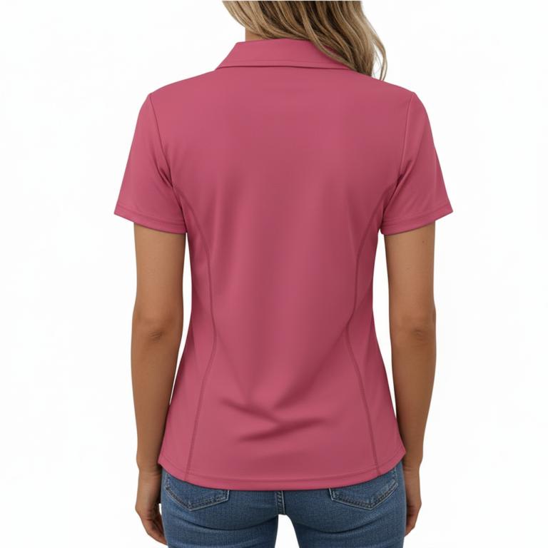 Women's quarter-zip cotton polo shirt featuring a VALE celestial moon and moth botanical wreath design in Forest Green, Black, and Rose.