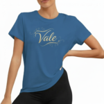 Women wearing Vale signature script t-shirt in breathable cotton, available in olive, blue, and purple colors.