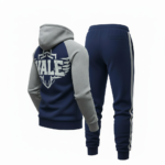 Back and front view of VALE brand breathable cotton tracksuit featuring a large shield logo, raglan sleeves, and matching joggers on a white background.
