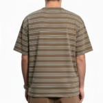 Men's oversized striped cotton t-shirt in green, white, and brown colors with chest logo.