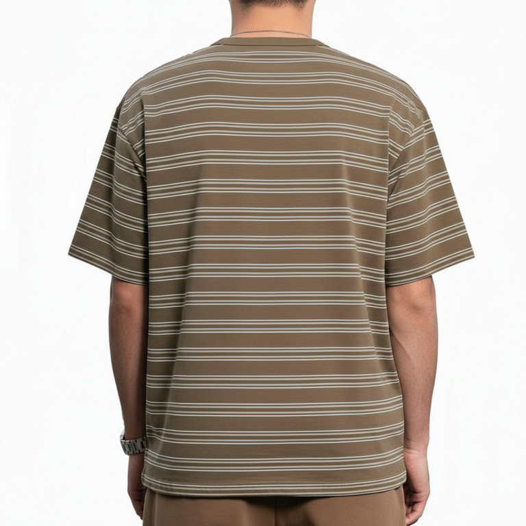 Men's oversized striped cotton t-shirt in green, white, and brown colors with chest logo.