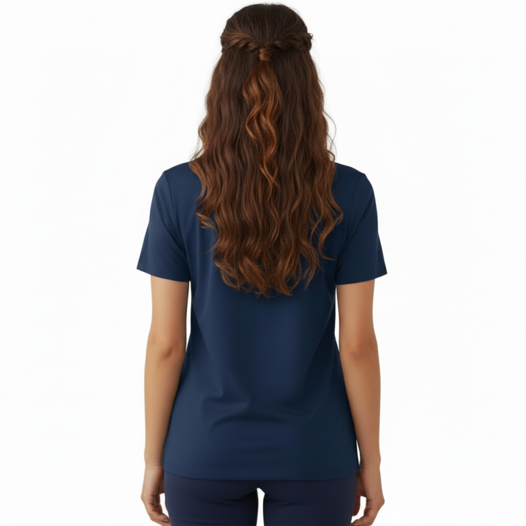 A female model showcasing the VALE branded floral graphic t-shirt in Navy Blue, Black, and White. 100% breathable cotton fabric featuring a silver script logo and elegant floral wreath design on a clean white background.