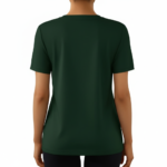 A woman wearing a premium breathable cotton t-shirt featuring the "Vale" brand logo in white script surrounded by a floral wreath with pink roses. Available in forest green, mustard orange, and cream beige colors.