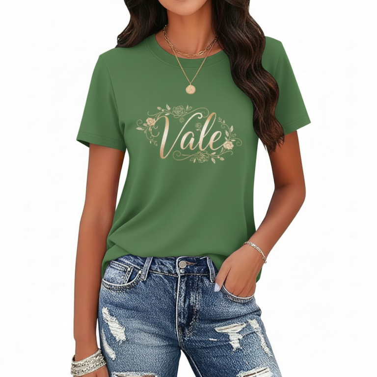 Women's 100% cotton breathable t-shirt with gold floral Vale graphic design, shown in Navy Blue, Maroon, and Green.