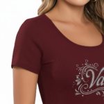 Slim-fit women's ribbed cotton t-shirt featuring a silver "Vale" butterfly graphic, available in burgundy, black, and orange.