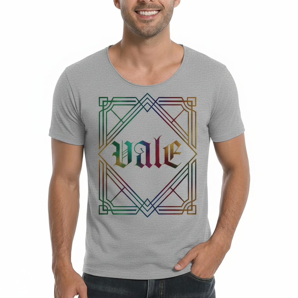 Vale Gothic Iridescent Graphic Breathable T-Shirt Man wearing a breathable cotton athletic fit T-shirt featuring a colorful iridescent "Vale" gothic logo and Art Deco geometric frame.