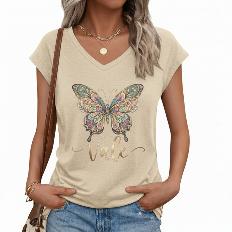 Women's breathable cotton V-neck t-shirt featuring a colorful mandala butterfly graphic and "Vale" script in Sage Green, Rose Pink, and Cream.