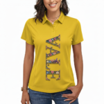 Front view of a woman wearing a slim-fit pique cotton polo shirt featuring a vertical "VALE" floral graphic design, available in red, yellow, and black.