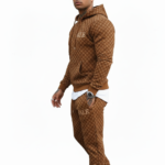 Men's designer breathable cotton tracksuit set featuring a full-zip hooded sweatshirt and matching joggers with an all-over geometric pattern and "VALE" branding.