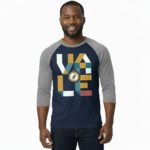 Men's 3/4 sleeve cotton raglan shirt with geometric compass graphic design in navy, maroon, and tan.
