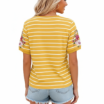 Women's breathable cotton t-shirt with VALE text, horizontal white stripes, and pink floral prints available in yellow, blue, and green.