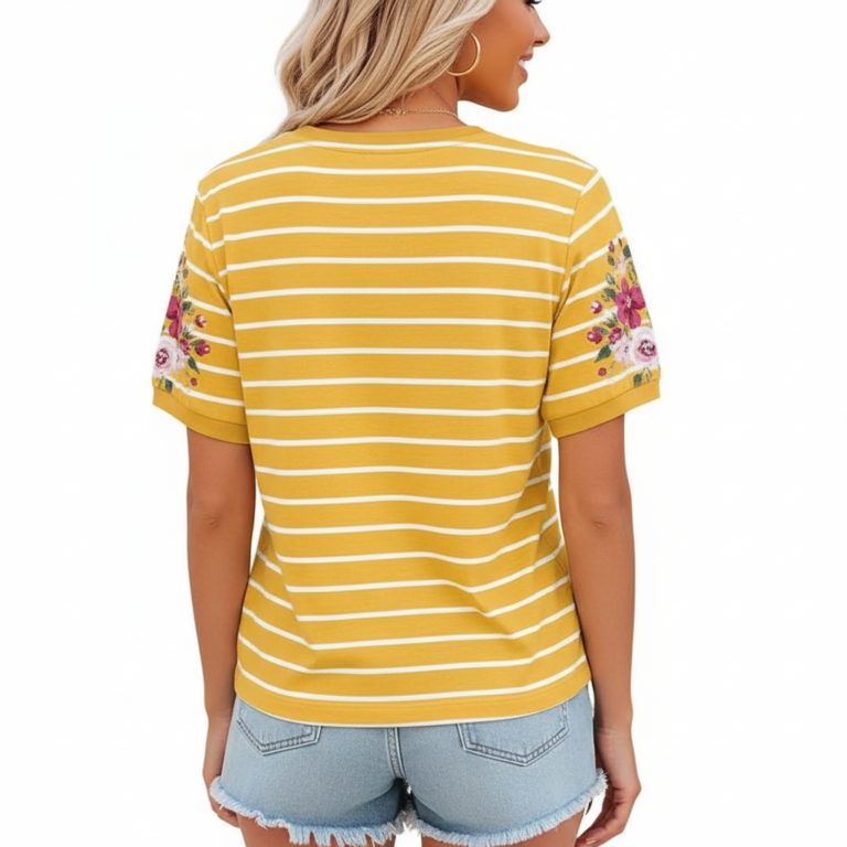 Women's breathable cotton t-shirt with VALE text, horizontal white stripes, and pink floral prints available in yellow, blue, and green.