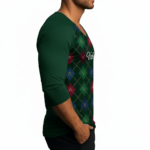 Men's slim fit 3/4 sleeve raglan shirt with green argyle pattern and "Vale" logo, 100% breathable cotton.
