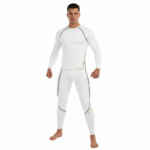 Front view of a man wearing a VALE brand long-sleeve compression shirt and matching leggings set in breathable fabric, available in white, navy blue, and maroon.