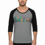 Men's VALE patchwork raglan shirt in white, grey, and cream with black and brown 3/4 sleeves, featuring decorative textured lettering.