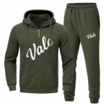 Two-piece men's breathable cotton tracksuit set including a full-zip hoodie and matching joggers with Vale logo, available in Navy Blue, Olive Green, and Beige.