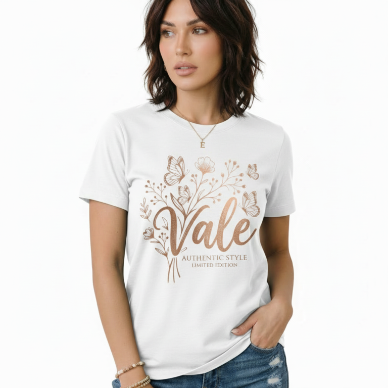 Woman wearing a Vale Authentic Style limited edition graphic t-shirt featuring rose gold butterfly and floral art on forest green, white, and burgundy cotton fabric.
