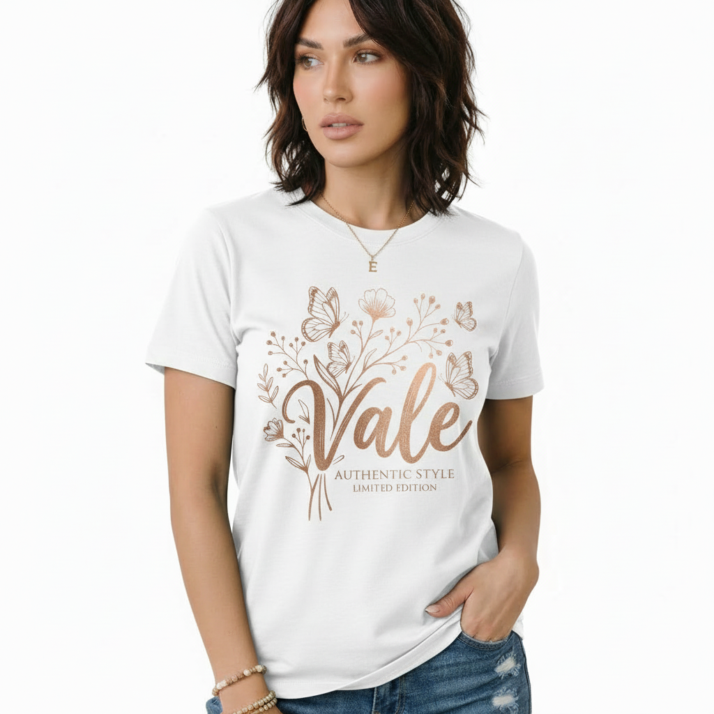 Woman wearing a Vale Authentic Style limited edition graphic t-shirt featuring rose gold butterfly and floral art on forest green, white, and burgundy cotton fabric.