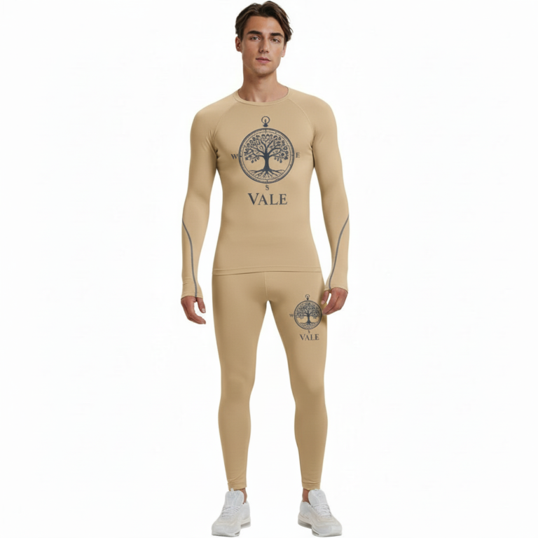 Front view of a man wearing VALE brand 2-piece compression suits in multiple colors including white, navy, orange, and yellow, featuring signature gold side-logos and central compass graphics on breathable cotton-blend fabric.