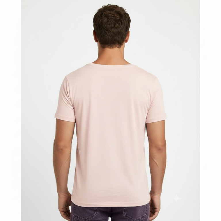 Man wearing a breathable 100% cotton Vale signature scoop neck t-shirt in navy, pink, and burgundy colors, athletic slim fit.