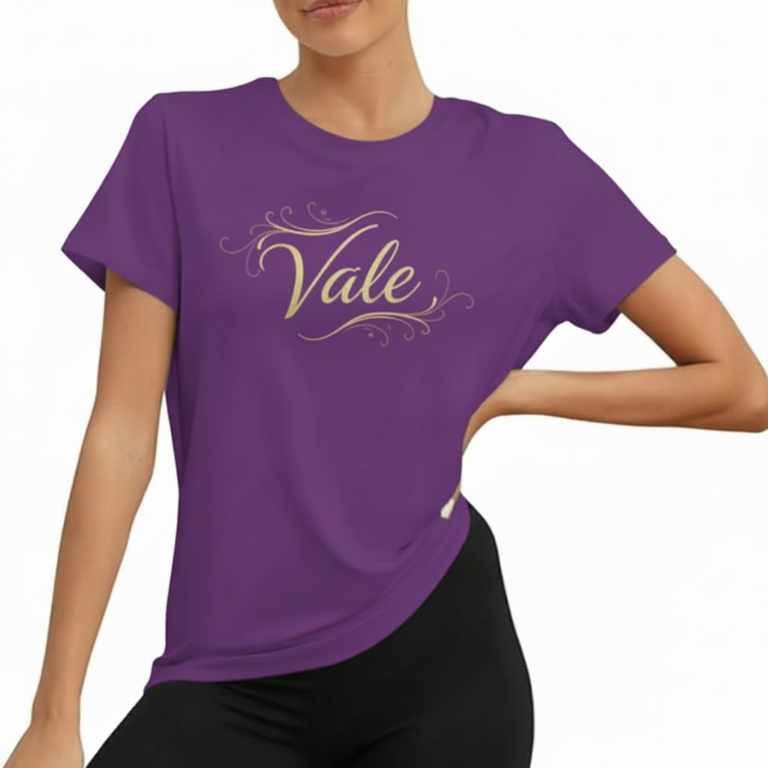 Women wearing Vale signature script t-shirt in breathable cotton, available in olive, blue, and purple colors.