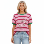 Women's breathable cotton striped t-shirt with pink rose floral graphic and green trim.