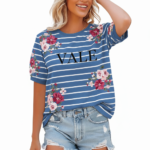 Women's breathable cotton t-shirt with VALE text, horizontal white stripes, and pink floral prints available in yellow, blue, and green.
