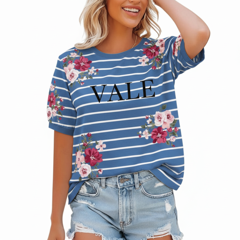 Women's breathable cotton t-shirt with VALE text, horizontal white stripes, and pink floral prints available in yellow, blue, and green.