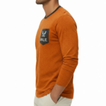 Men's VALE long-sleeve breathable cotton ringer shirt with butterfly embroidered pocket, athletic fit, available in orange, grey, and blue.