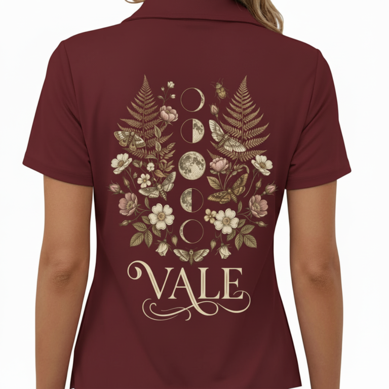 Back view of a premium cotton polo shirt featuring a VALE celestial graphic with moon phases, moths, and botanical ferns in vintage gold tones on black, navy, and maroon fabric.