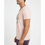 Man wearing a breathable 100% cotton Vale signature scoop neck t-shirt in navy, pink, and burgundy colors, athletic slim fit.