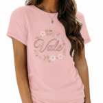 Women's breathable 100% cotton T-shirt featuring "Vale" floral wreath lace design in Navy, Pink, and Brown colors.