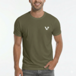 Front view of a man wearing a breathable cotton slim-fit t-shirt with a small white minimalist V-logo on the chest, available in navy, brown, and olive.