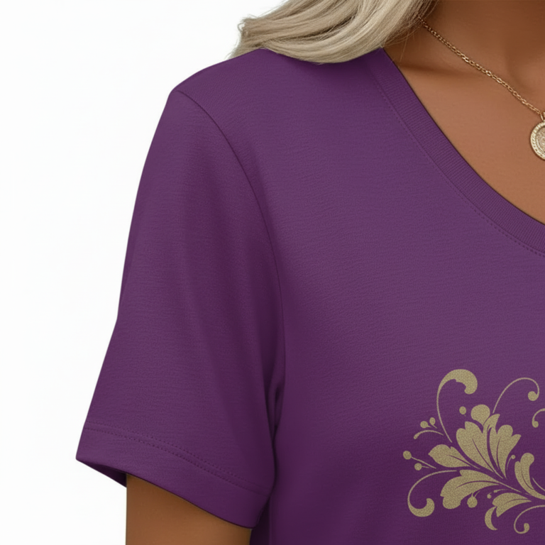 Close-up of a woman wearing a breathable cotton V-neck t-shirt featuring a gold floral "VALE" graphic and a small chest pocket, paired with blue jeans.