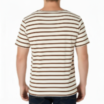 Men's striped breathable cotton t-shirt featuring "Vale" graphic logo and laurel design, available in navy, brown, and red stripes.