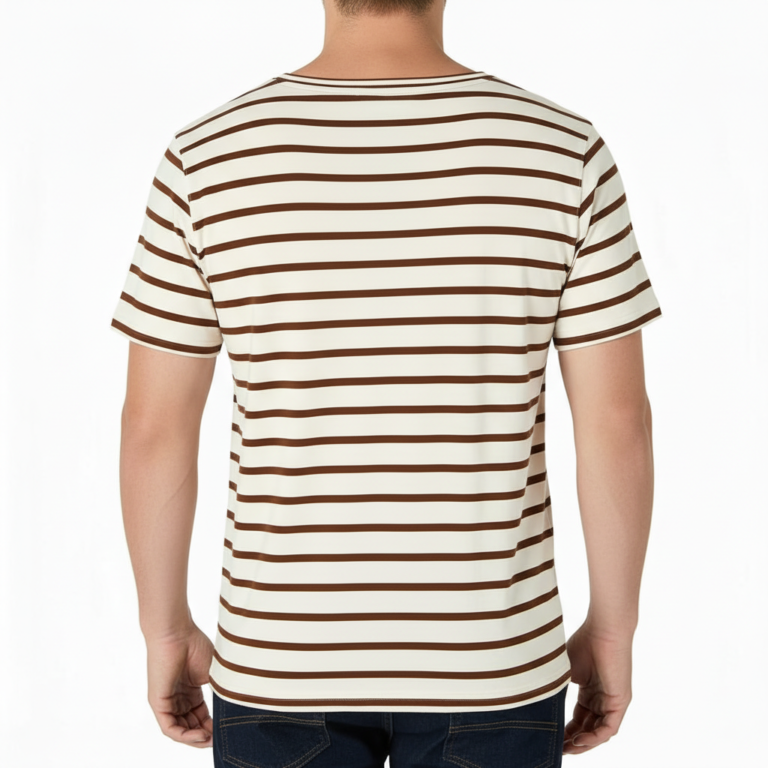 Men's striped breathable cotton t-shirt featuring "Vale" graphic logo and laurel design, available in navy, brown, and red stripes.