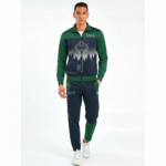 Men's breathable cotton tracksuit featuring a forest silhouette and key graphic print, available in green, orange, and maroon color blocks.