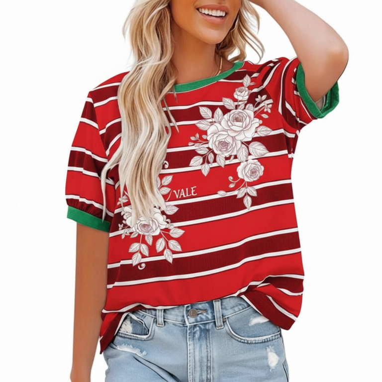 Women's breathable cotton striped t-shirt with floral rose print and green contrast trim, styled with denim jeans.