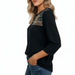 Women's breathable cotton 3/4 sleeve shirt with VALÉ print and bohemian lace mesh yoke design, available in black, maroon, and red.