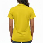 Front view of a woman wearing a slim-fit pique cotton polo shirt featuring a vertical "VALE" floral graphic design, available in red, yellow, and black.