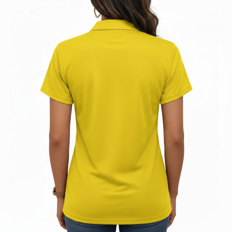 Front view of a woman wearing a slim-fit pique cotton polo shirt featuring a vertical "VALE" floral graphic design, available in red, yellow, and black.
