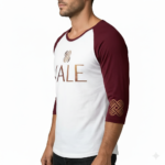 Men's VALE brand 3/4 sleeve raglan cotton shirt featuring metallic chest logo and sleeve detail in Maroon, Navy, and Black.