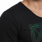 Man wearing a breathable cotton athletic fit T-shirt featuring a colorful iridescent "Vale" gothic logo and Art Deco geometric frame.