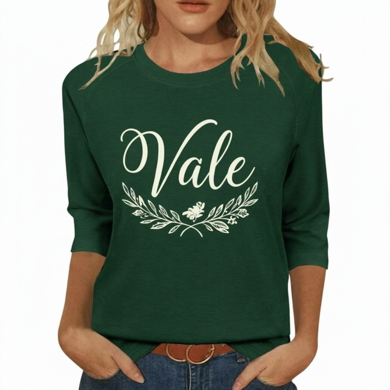 Woman wearing a "Vale" floral graphic 3/4 sleeve breathable cotton shirt in black, navy, and forest green.