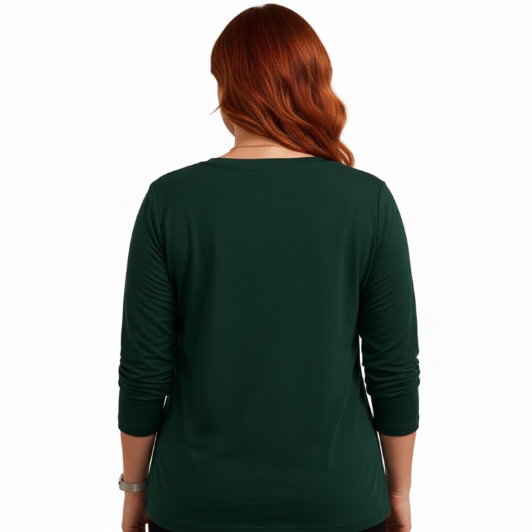 A woman wearing a long-sleeve cotton V-neck shirt with a gold celestial "VALE" moon and swan graphic design.