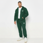 Men's premium breathable cotton tracksuit featuring a full-zip hoodie and matching joggers with minimalist branding, available in Black, Green, and Blue.